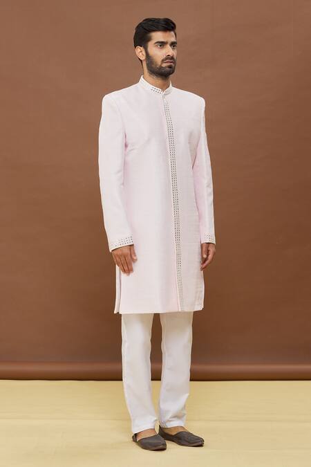 Buy_Arihant Rai Sinha_Pink Silk, Cotton Mirrors Work Placket Sherwani Set_Online_at_Aza_Fashions