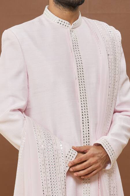 Shop_Arihant Rai Sinha_Pink Silk, Cotton Mirrors Work Placket Sherwani Set_Online_at_Aza_Fashions