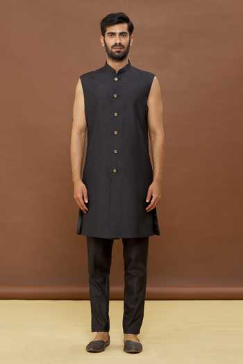 Arihant Rai Sinha_Black Sherwani Dola Silk Embroidered Floral Jacket And Set_Online_at_Aza_Fashions