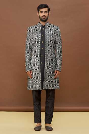 Buy_Arihant Rai Sinha_Black Sherwani Dola Silk Embroidered Floral Jacket And Set_Online_at_Aza_Fashions
