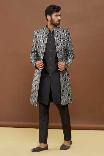 Shop_Arihant Rai Sinha_Black Sherwani Dola Silk Embroidered Floral Jacket And Set_Online_at_Aza_Fashions