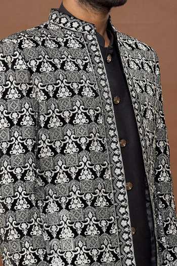 Arihant Rai Sinha_Black Sherwani Dola Silk Embroidered Floral Jacket And Set_at_Aza_Fashions