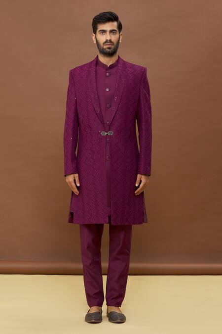 Arihant Rai Sinha_Wine Silk Sequins Embroidered Jacket And Sherwani Set_Online_at_Aza_Fashions