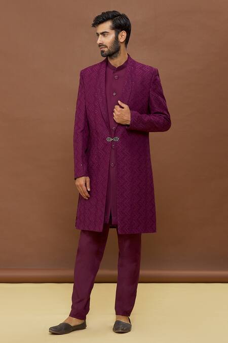 Buy_Arihant Rai Sinha_Wine Silk Sequins Embroidered Jacket And Sherwani Set_Online_at_Aza_Fashions