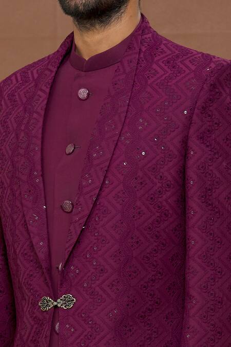 Shop_Arihant Rai Sinha_Wine Silk Sequins Embroidered Jacket And Sherwani Set_Online_at_Aza_Fashions