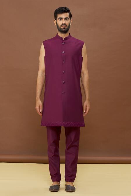Arihant Rai Sinha_Wine Silk Sequins Embroidered Jacket And Sherwani Set_at_Aza_Fashions