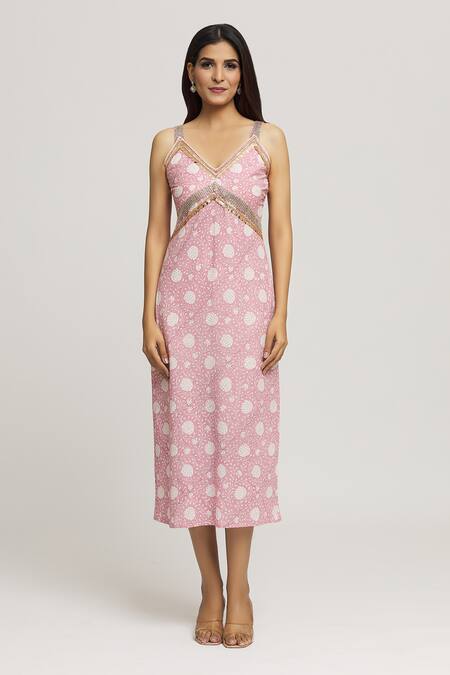 Kunwarani Ritu_Pink Cotton Sequins, Stones V-neck Floral Blossom Print Dress _Online_at_Aza_Fashions