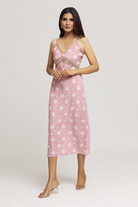 Shop_Kunwarani Ritu_Pink Cotton Sequins, Stones V-neck Floral Blossom Print Dress _Online_at_Aza_Fashions