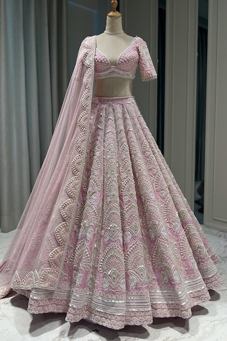 Shop_Riantas_Purple Raw Silk Hand Embroidered Glass Florence Bridal Lehenga Set  _Online_at_Aza_Fashions