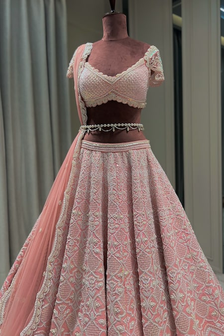 Buy_Riantas_Pink Silk, Net Pearls, Sequins, Beads, Glitter, Reverie Hand Bridal Lehenga Set _Online_at_Aza_Fashions
