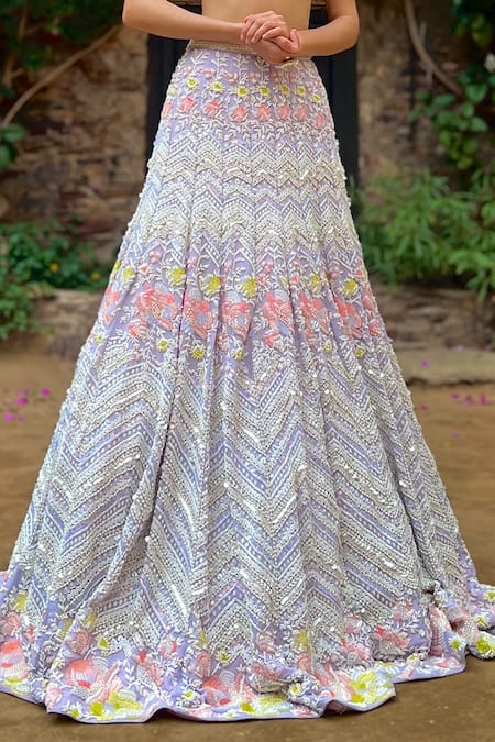 Buy_Riantas_Purple Silk, Georgette Crystals Alara Hand Embroidered Lehenga And Blouse Set _Online_at_Aza_Fashions