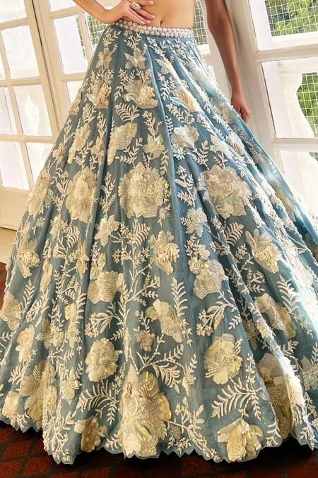 Buy_Riantas_Blue Silk , Embroidery, Pearls, Layla Hand Lehenga And Blouse Set _Online_at_Aza_Fashions