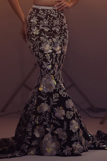 Buy_Riantas_Black Organza Pearls, Elinor Hand Embroidered Mermaid Trail Lehenga And Blouse Set _Online_at_Aza_Fashions