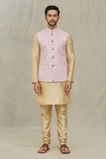 Shop_Arihant Rai Sinha_Pink Cotton, Silk Embroidery Checkered Print Bundi And Kurta Set _Online_at_Aza_Fashions