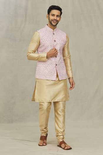 Arihant Rai Sinha_Pink Cotton, Silk Embroidery Checkered Print Bundi And Kurta Set _at_Aza_Fashions
