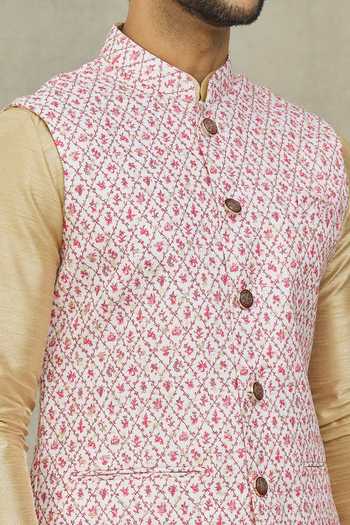 Buy_Arihant Rai Sinha_Pink Cotton, Silk Embroidery Checkered Print Bundi And Kurta Set 