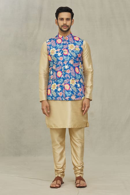 Shop_Arihant Rai Sinha_Blue Cotton, Silk Embroidery Floral Print Bundi And Kurta Set _Online_at_Aza_Fashions