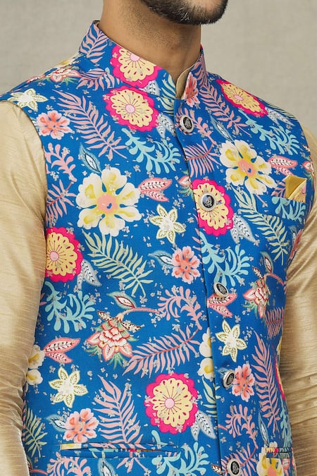 Buy_Arihant Rai Sinha_Blue Cotton, Silk Embroidery Floral Print Bundi And Kurta Set 