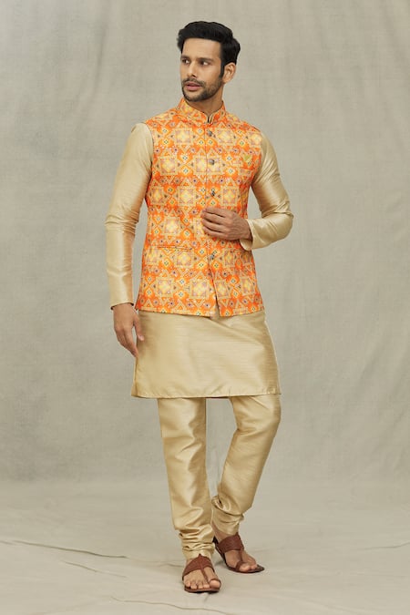 Aryavir Malhotra Orange Kurta And Churidar Silk Printed Bandhani Bundi & Set 