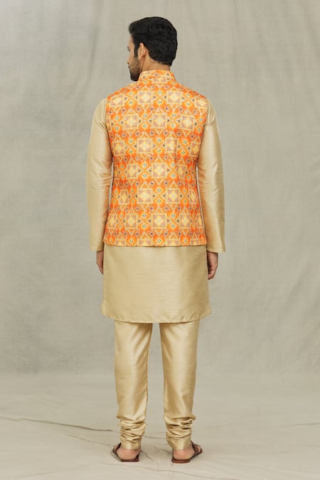 Shop Arihant Rai Sinha Orange Cotton, Silk Bandhani Print Bundi And Kurta Set at Aza Fashions Shop_Arihant Rai Sinha_Orange Cotton, Silk Bandhani Print Bundi And Kurta Set _at_Aza_Fashions