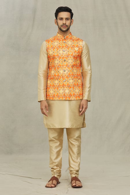 Shop Arihant Rai Sinha Orange Cotton, Silk Bandhani Print Bundi And Kurta Set Online at Aza Fashions Shop_Arihant Rai Sinha_Orange Cotton, Silk Bandhani Print Bundi And Kurta Set _Online_at_Aza_Fashions