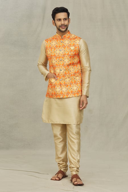 Arihant Rai Sinha Orange Cotton, Silk Bandhani Print Bundi And Kurta Set at Aza Fashions Arihant Rai Sinha_Orange Cotton, Silk Bandhani Print Bundi And Kurta Set _at_Aza_Fashions