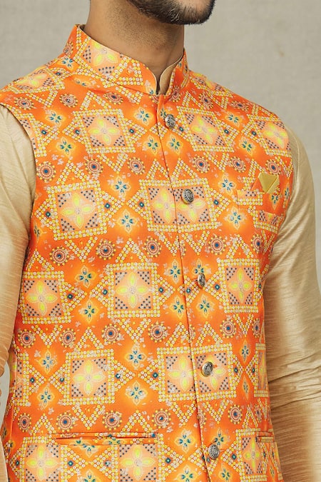 Buy Arihant Rai Sinha Orange Cotton, Silk Bandhani Print Bundi And Kurta Set Buy_Arihant Rai Sinha_Orange Cotton, Silk Bandhani Print Bundi And Kurta Set