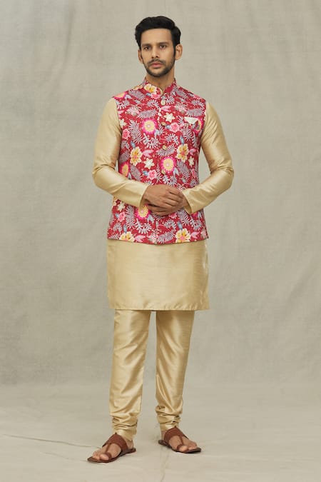 Aryavir Malhotra Botanical Print Bundi & Kurta Set 