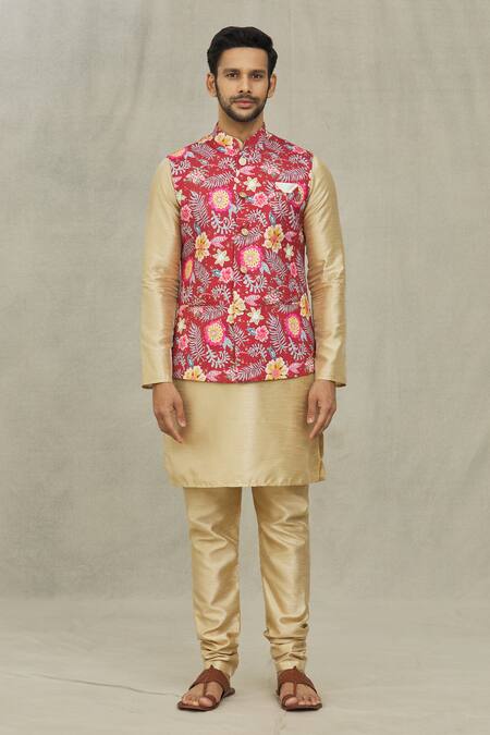 Shop_Arihant Rai Sinha_Gold Silk, Cotton Embroidery Botanical Print Bundi And Kurta Set _Online_at_Aza_Fashions