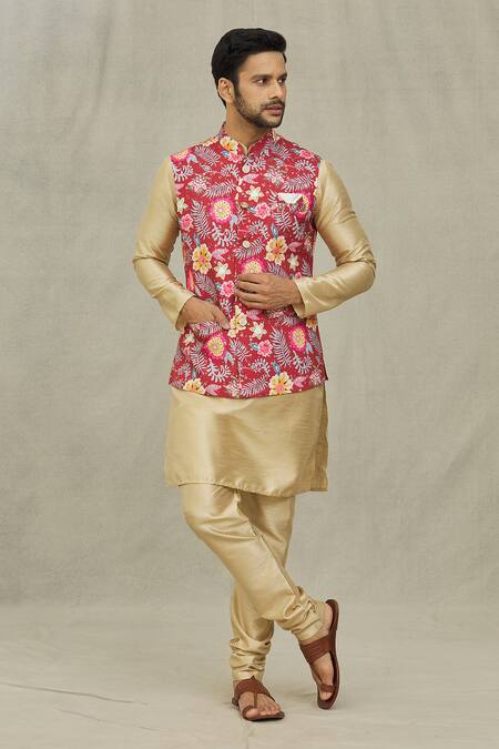 Arihant Rai Sinha_Gold Silk, Cotton Embroidery Botanical Print Bundi And Kurta Set _at_Aza_Fashions