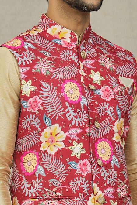 Buy_Arihant Rai Sinha_Gold Silk, Cotton Embroidery Botanical Print Bundi And Kurta Set 