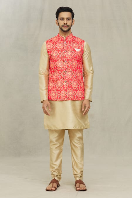 Shop Arihant Rai Sinha Gold Silk, Cotton Bandhej Print Bundi And Kurta Set Online at Aza Fashions Shop_Arihant Rai Sinha_Gold Silk, Cotton Bandhej Print Bundi And Kurta Set _Online_at_Aza_Fashions