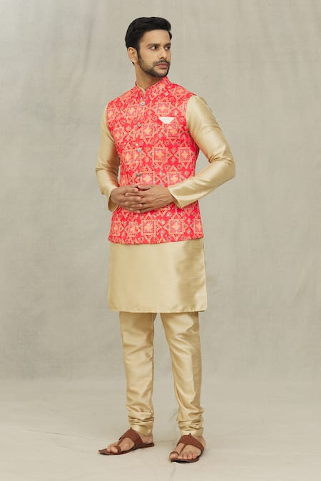 Arihant Rai Sinha Gold Silk, Cotton Bandhej Print Bundi And Kurta Set at Aza Fashions Arihant Rai Sinha_Gold Silk, Cotton Bandhej Print Bundi And Kurta Set _at_Aza_Fashions