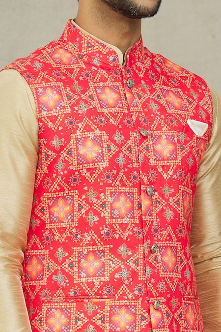 Buy Arihant Rai Sinha Gold Silk, Cotton Bandhej Print Bundi And Kurta Set Buy_Arihant Rai Sinha_Gold Silk, Cotton Bandhej Print Bundi And Kurta Set
