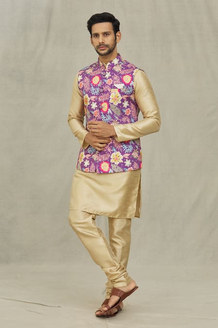 Aryavir Malhotra Purple Kurta And Churidar Silk Printed Hexagon Florette Bundi & Set 