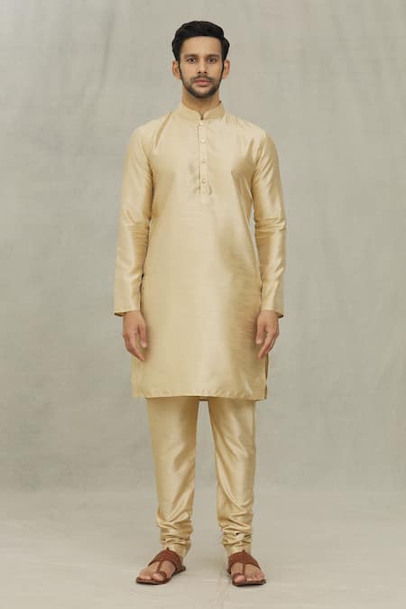 Arihant Rai Sinha_Gold Silk, Cotton Florette Print Bundi And Kurta Set _Online_at_Aza_Fashions