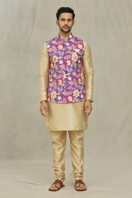 Shop_Arihant Rai Sinha_Gold Silk, Cotton Florette Print Bundi And Kurta Set _Online_at_Aza_Fashions