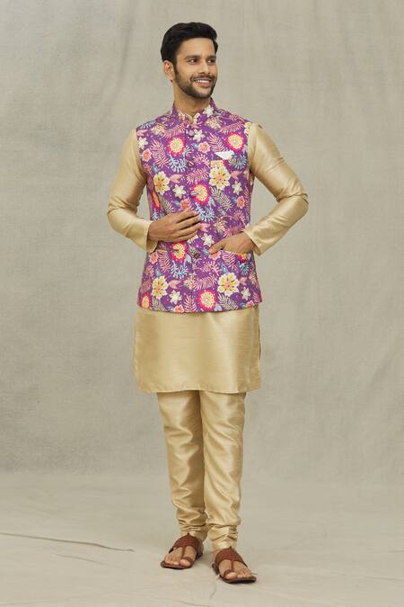 Arihant Rai Sinha_Gold Silk, Cotton Florette Print Bundi And Kurta Set _at_Aza_Fashions