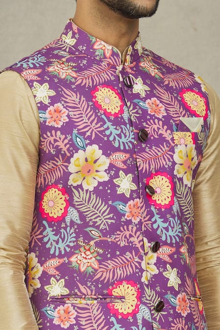 Buy_Arihant Rai Sinha_Gold Silk, Cotton Florette Print Bundi And Kurta Set 