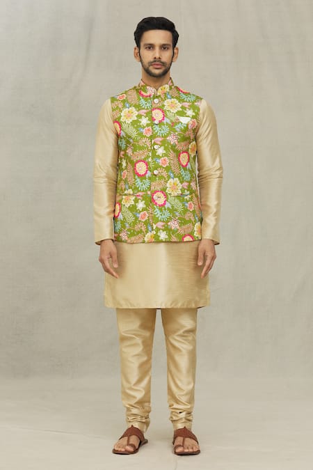 Shop_Arihant Rai Sinha_Gold Silk, Cotton Embroidery Bloom Print Bundi And Kurta Set _Online_at_Aza_Fashions