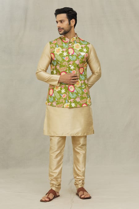 Arihant Rai Sinha_Gold Silk, Cotton Embroidery Bloom Print Bundi And Kurta Set _at_Aza_Fashions