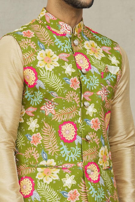 Buy_Arihant Rai Sinha_Gold Silk, Cotton Embroidery Bloom Print Bundi And Kurta Set 