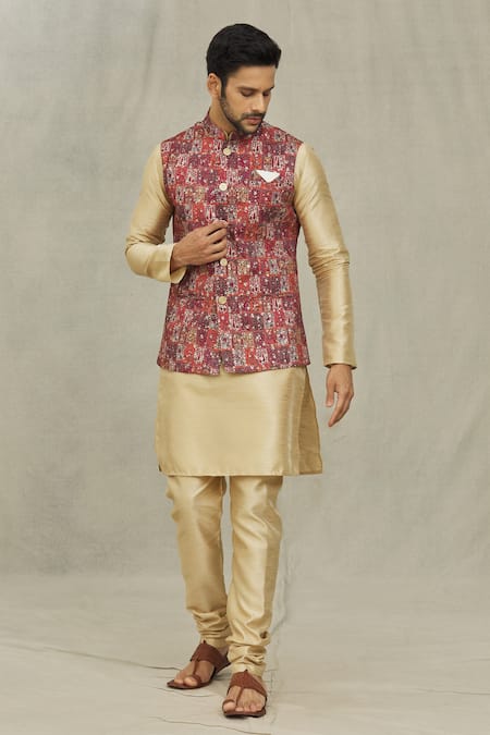 Aryavir Malhotra Maroon Kurta And Churidar Silk Woven Flower Bundi & Set 