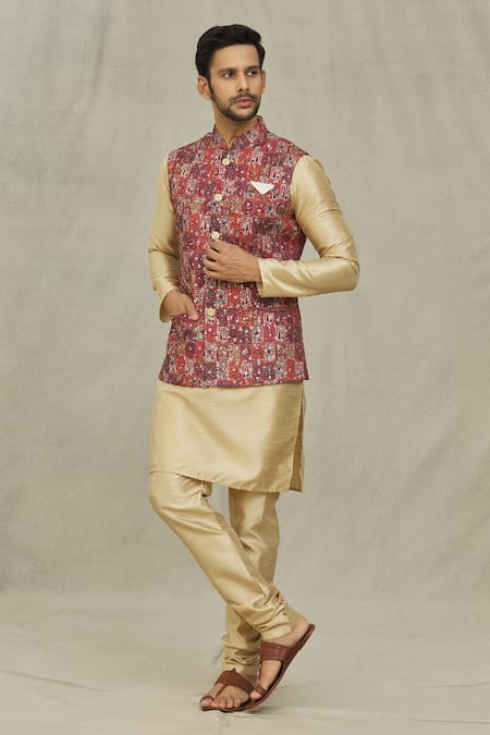 Arihant Rai Sinha Maroon Cotton, Silk Embroidery Flower Woven Bundi And Kurta Set at Aza Fashions Arihant Rai Sinha_Maroon Cotton, Silk Embroidery Flower Woven Bundi And Kurta Set _at_Aza_Fashions