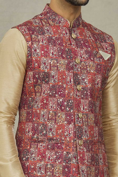 Buy Arihant Rai Sinha Maroon Cotton, Silk Embroidery Flower Woven Bundi And Kurta Set Buy_Arihant Rai Sinha_Maroon Cotton, Silk Embroidery Flower Woven Bundi And Kurta Set