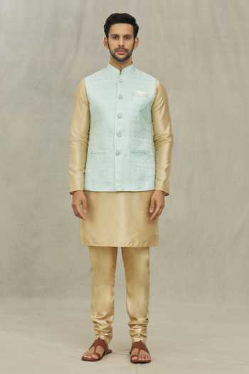 Shop_Arihant Rai Sinha_Blue Jacquard, Silk Geometric Woven Bundi And Kurta Set _Online_at_Aza_Fashions