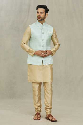 Arihant Rai Sinha_Blue Jacquard, Silk Geometric Woven Bundi And Kurta Set _at_Aza_Fashions
