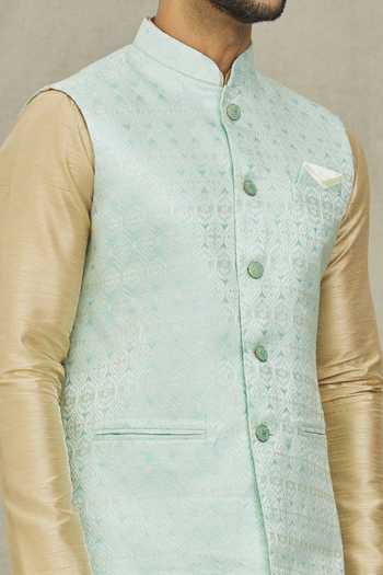 Buy_Arihant Rai Sinha_Blue Jacquard, Silk Geometric Woven Bundi And Kurta Set 