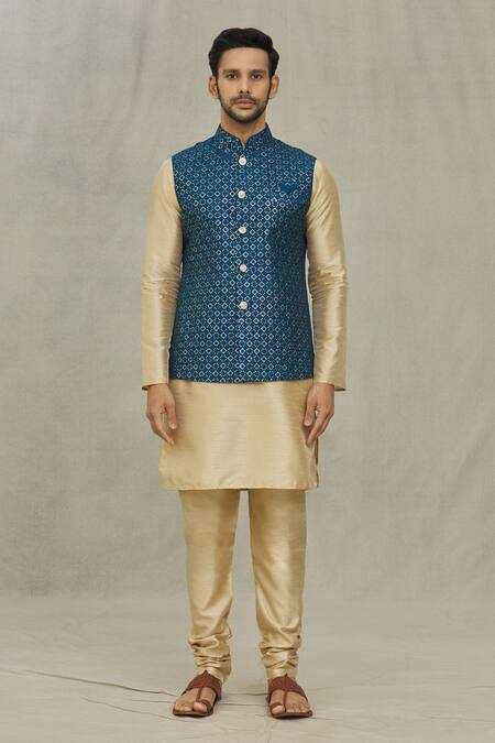 Shop Arihant Rai Sinha Blue Silk Sequins, Embroidery Bundi And Kurta Set Online at Aza Fashions Shop_Arihant Rai Sinha_Blue Silk Sequins, Embroidery Bundi And Kurta Set _Online_at_Aza_Fashions