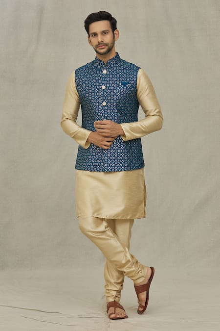Arihant Rai Sinha Blue Silk Sequins, Embroidery Bundi And Kurta Set at Aza Fashions Arihant Rai Sinha_Blue Silk Sequins, Embroidery Bundi And Kurta Set _at_Aza_Fashions